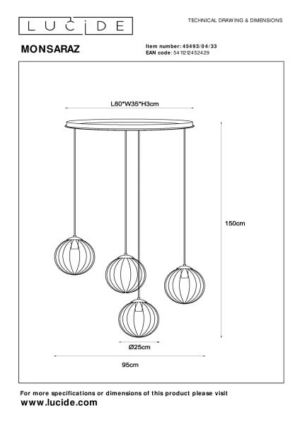 Lucide MONSARAZ - Hanglamp - 4xE27 - Groen - technisch